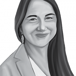 drawing of Jordan Diamond, a woman with long dark hair in a blazer