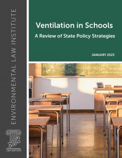 Green square with white text reading Ventilation in Schools over a picture of a well-lit empty classroom 